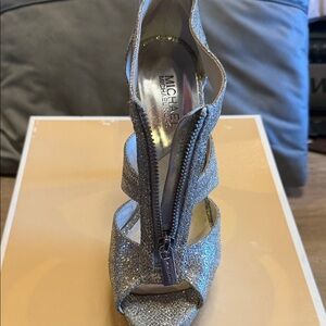 Michael Kors Silver Glitter Zip-Front Heeled Sandals